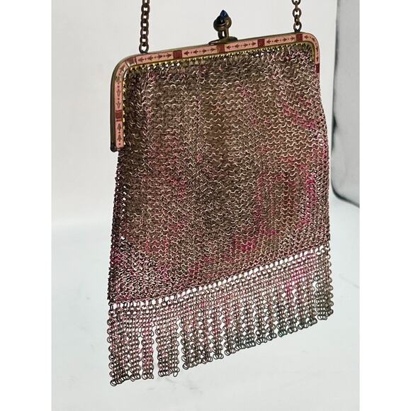 Antique Ornate German Enamel Mesh Coin Purse Bag Pink Repousse Frame Lining good - Picture 12 of 16